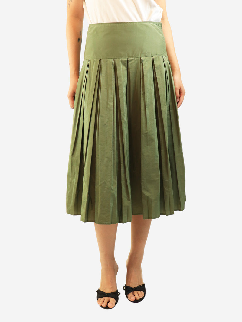 Green silk-blend pleated midi skirt - size UK 10