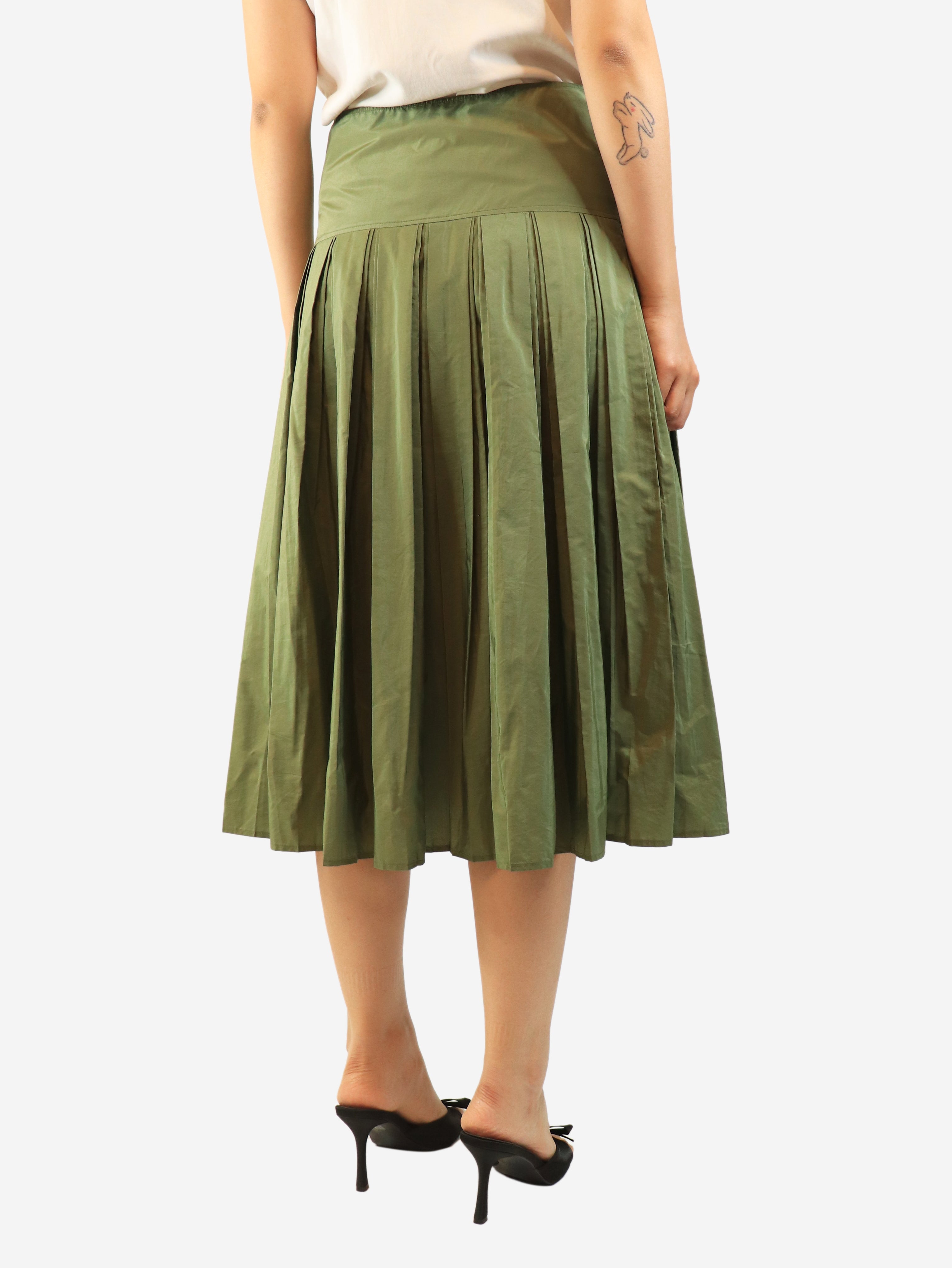 Green silk-blend pleated midi skirt - size UK 10