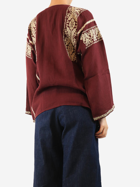 Burgundy embroidered cotton blouse - size UK 14 alternate image