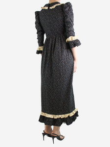 Batsheva Black floral ruffle-trimmed dress - size UK 8