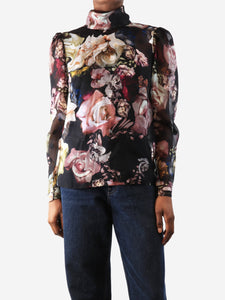 ML Monique Lhuillier Black sheer silk floral printed blouse - size UK 6