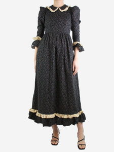 Batsheva Black floral ruffle-trimmed dress - size UK 8