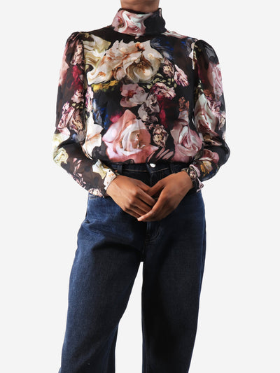 Black sheer silk floral printed blouse - size UK 6 Tops ML Monique Lhuillier 
