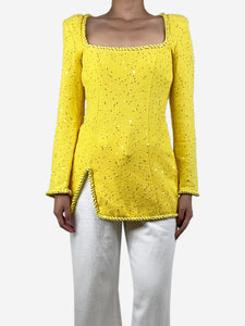 Rowen Rose Yellow tweed sequin-embellished top - size UK 8