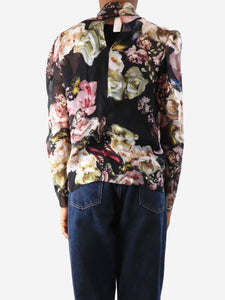 ML Monique Lhuillier Black sheer silk floral printed blouse - size UK 6