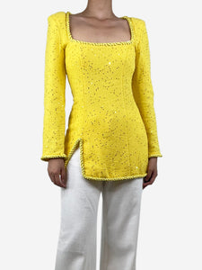 Rowen Rose Yellow tweed sequin-embellished top - size UK 8