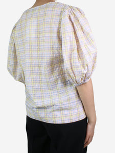 Ganni Multicoloured puff short-sleeved check top - size EU 38