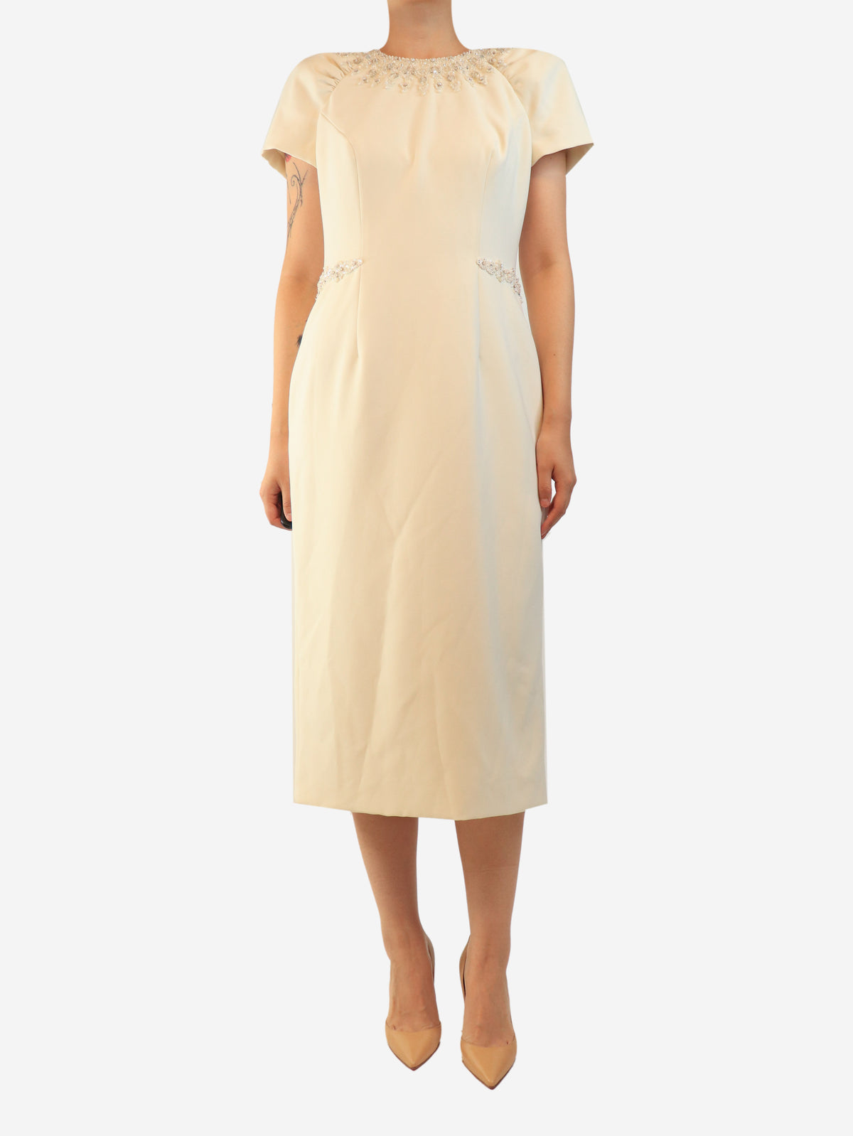 Cream beaded embellished dress - size UK 14