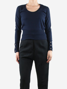 Max Mara Studio Navy blue cropped scoop-neck sweater - size UK 10