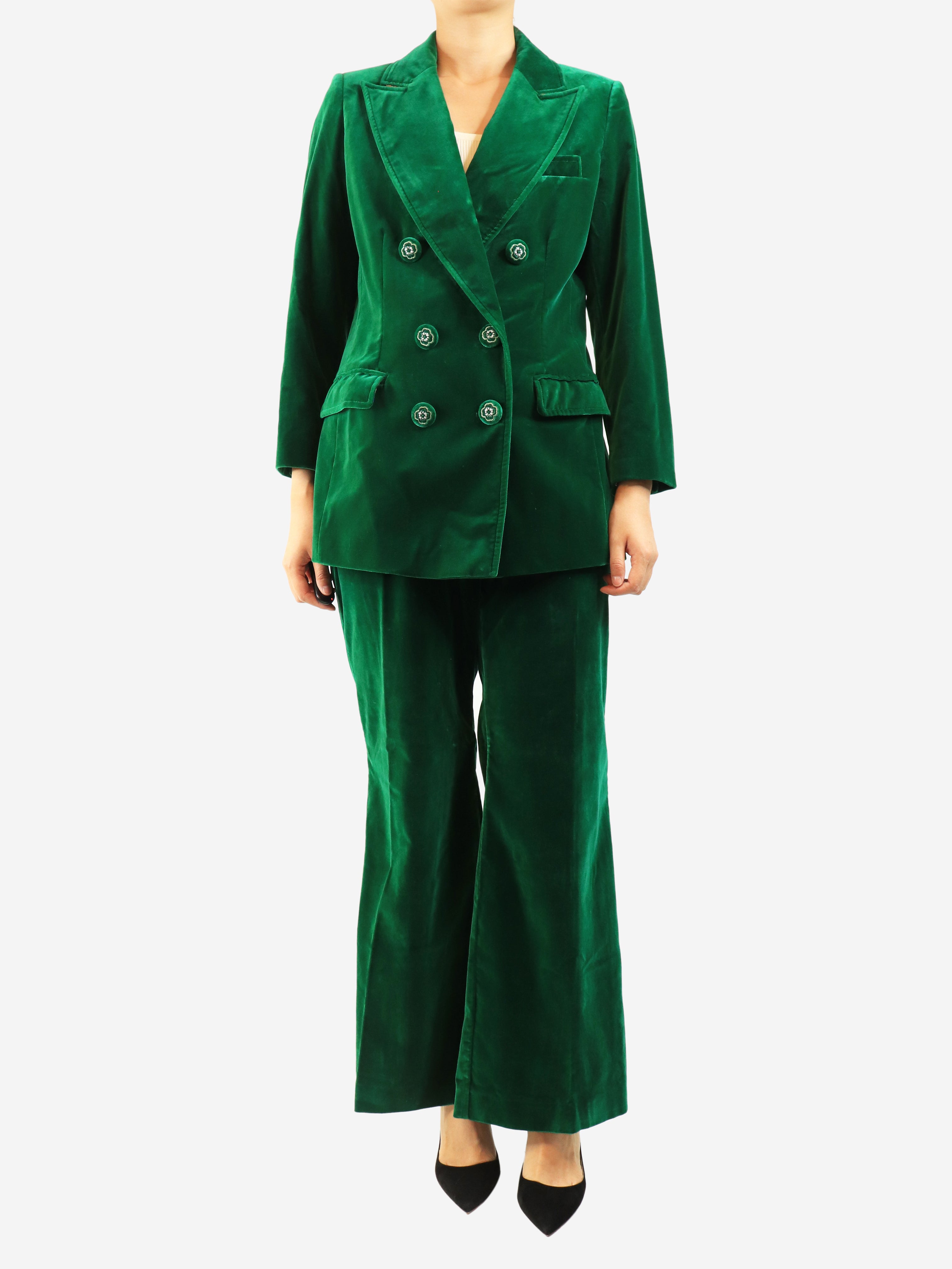 Green two-piece velvet suit set - size UK 14