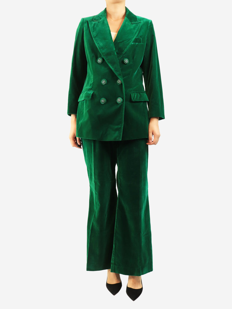 Green two-piece velvet suit set - size UK 14