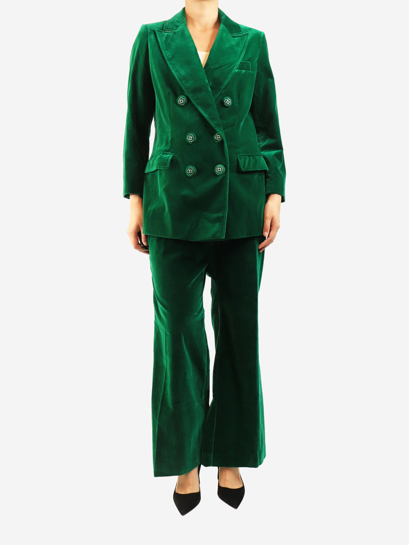 Green two-piece velvet suit set - size UK 14