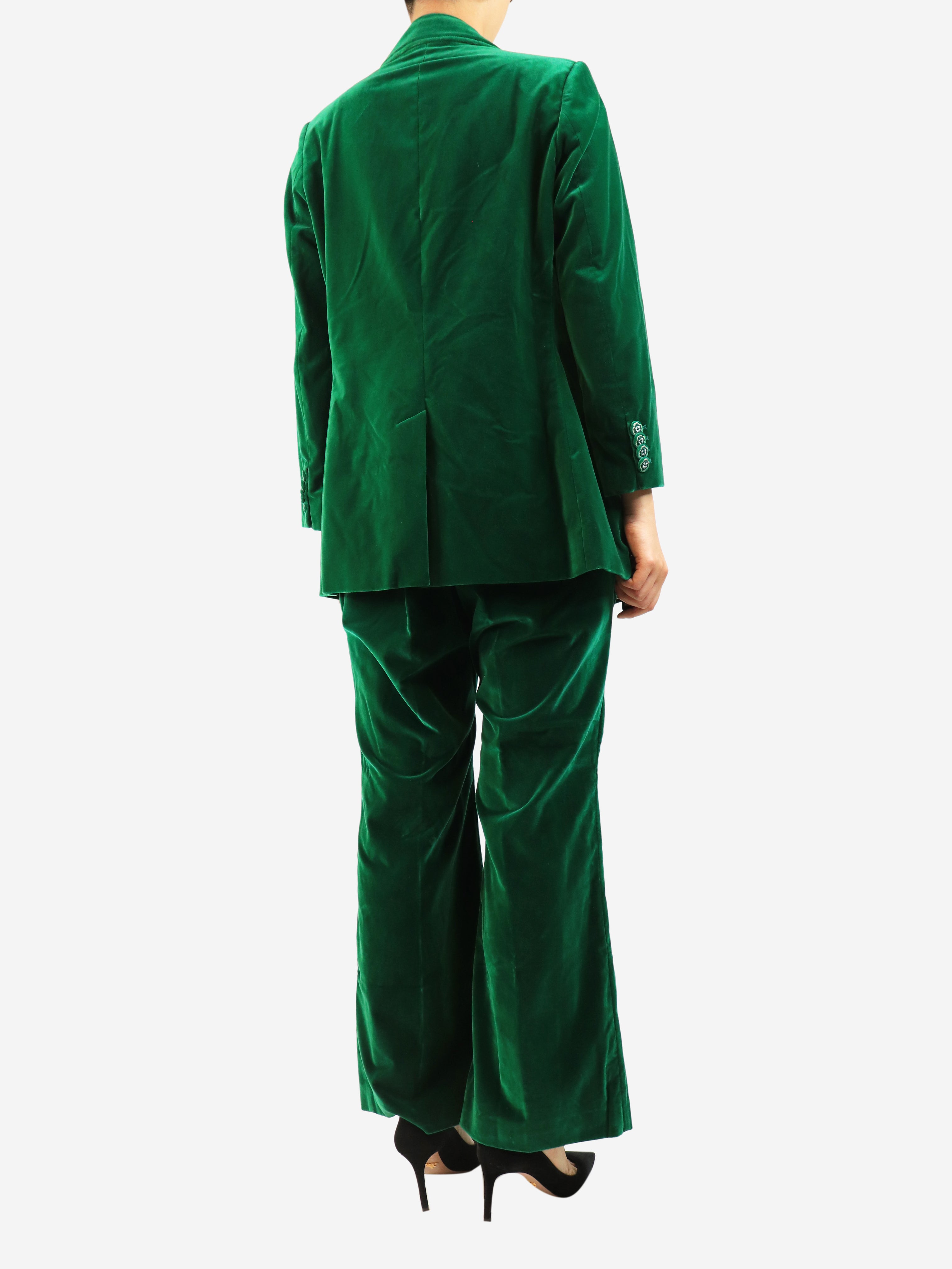 Green two-piece velvet suit set - size UK 14