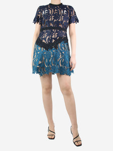 self-portrait Blue two-tone lace dress - size UK 12