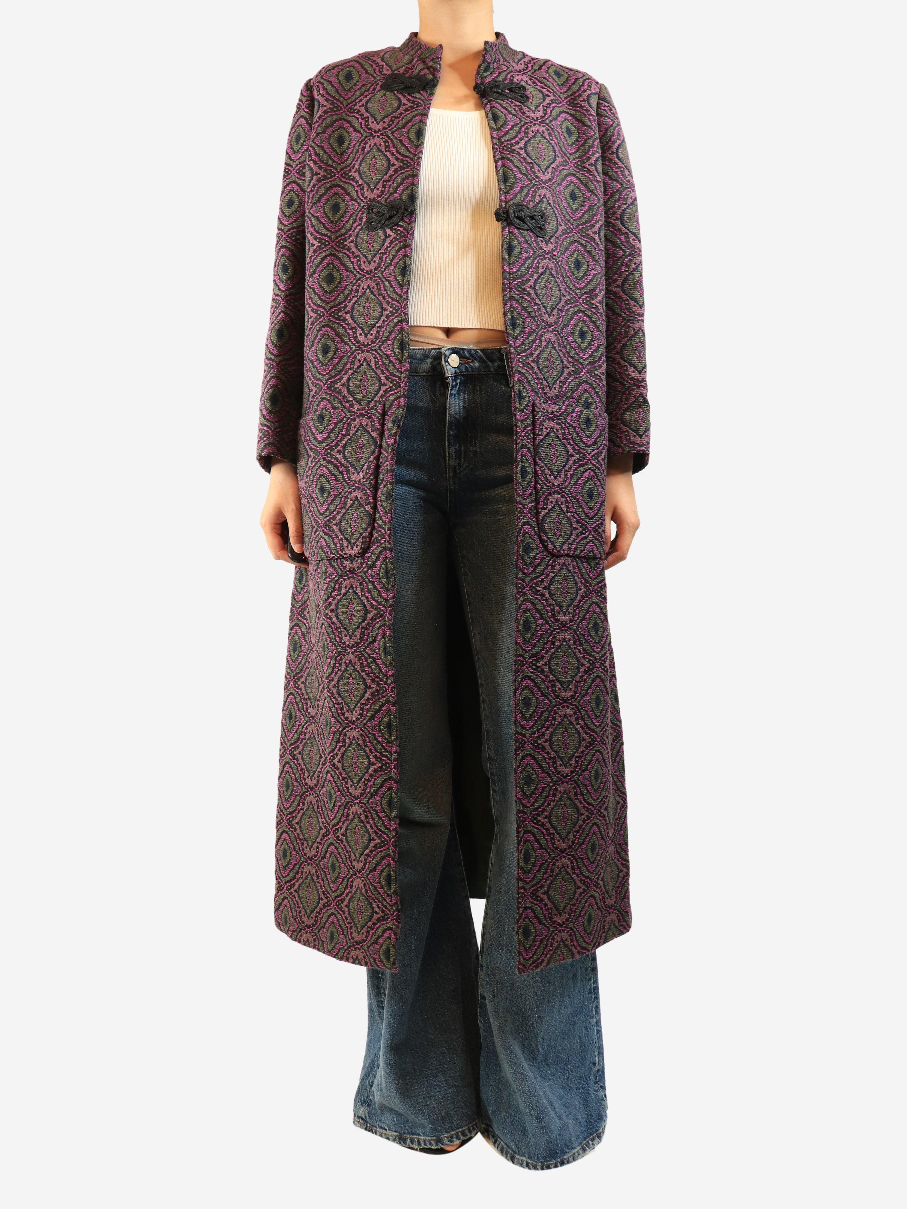 Purple and green Carnot jacquard coat - size UK 14