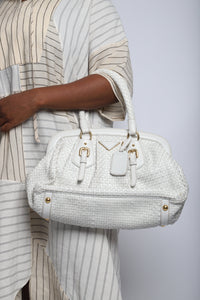 Prada White woven leather top handle bag