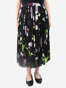 Erdem Black floral pleated midi skirt - size UK 10