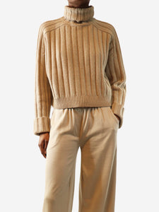 Brunello Cucinelli Beige ribbed roll-neck knit jumper - size XS