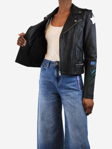 Maje Black leather embroidered biker jacket - size UK 6