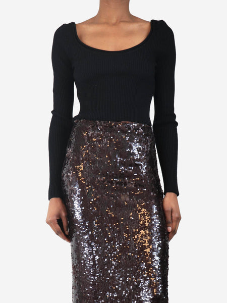 Black ribbed wide neck crop knit top - size S product image