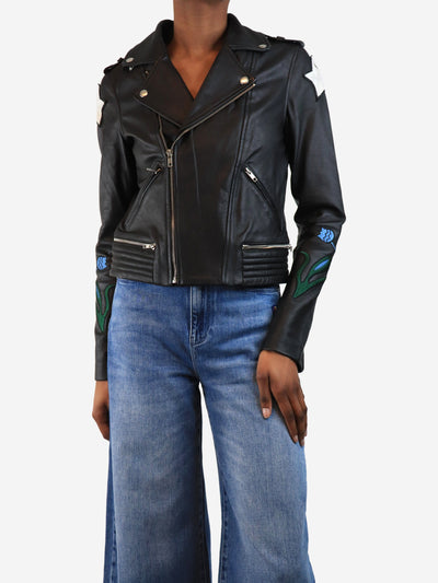 Black leather embroidered biker jacket - size UK 6 Coats & Jackets Maje 