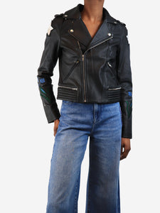 Maje Black leather embroidered biker jacket - size UK 6