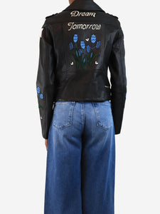 Maje Black leather embroidered biker jacket - size UK 6