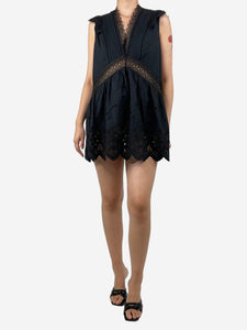 self-portrait Black sleeveless broderie mini dress - size UK 14