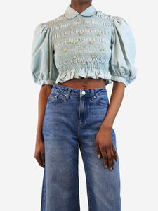 Miu Miu Light blue silk floral-applique smock top - size UK 4