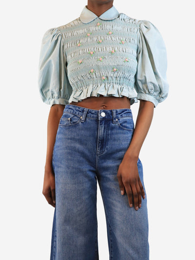 Light blue silk floral-applique smock top - size UK 4 Tops Miu Miu 