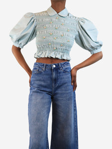 Miu Miu Light blue silk floral-applique smock top - size UK 4