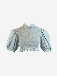 Miu Miu Light blue silk floral-applique smock top - size UK 4