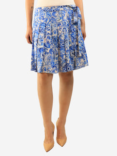 Blue pleated tile-print mini skirt - size UK 12