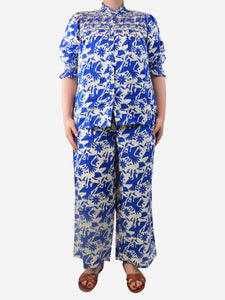 Nimo With Love Blue bird-print linen blouse and trouser set - size M