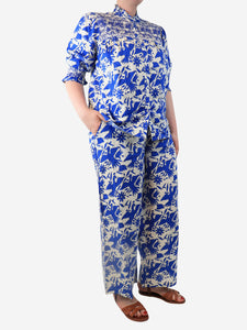 Nimo With Love Blue bird-print linen blouse and trouser set - size M