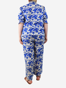 Nimo With Love Blue bird-print linen blouse and trouser set - size M