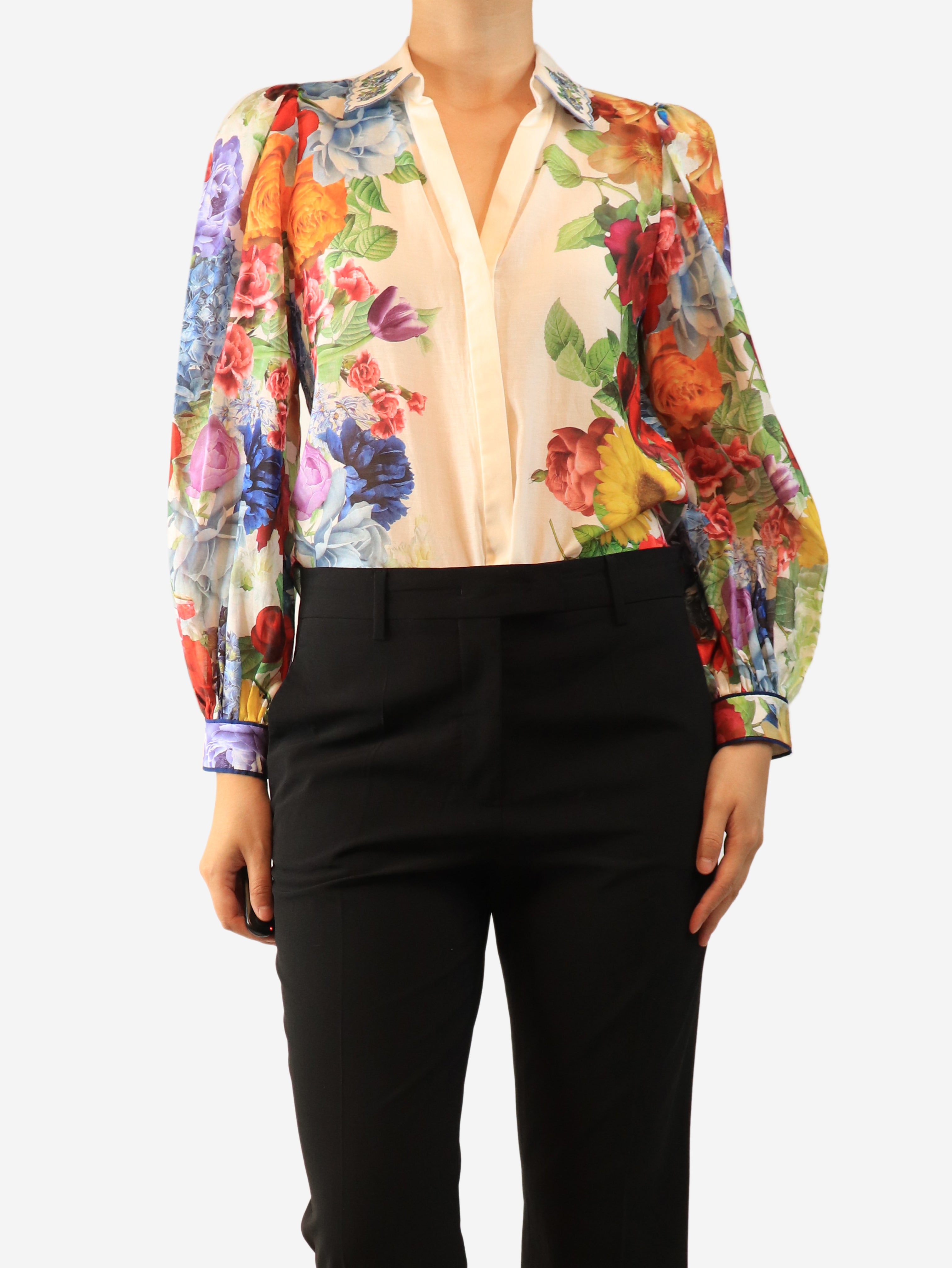 Cream sheer floral blouse - size UK 8