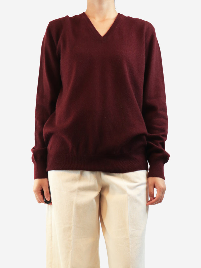Burgundy cashmere v-neck jumper - size L