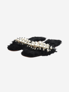 Black faux-fur embellished sandals - size EU 39.5