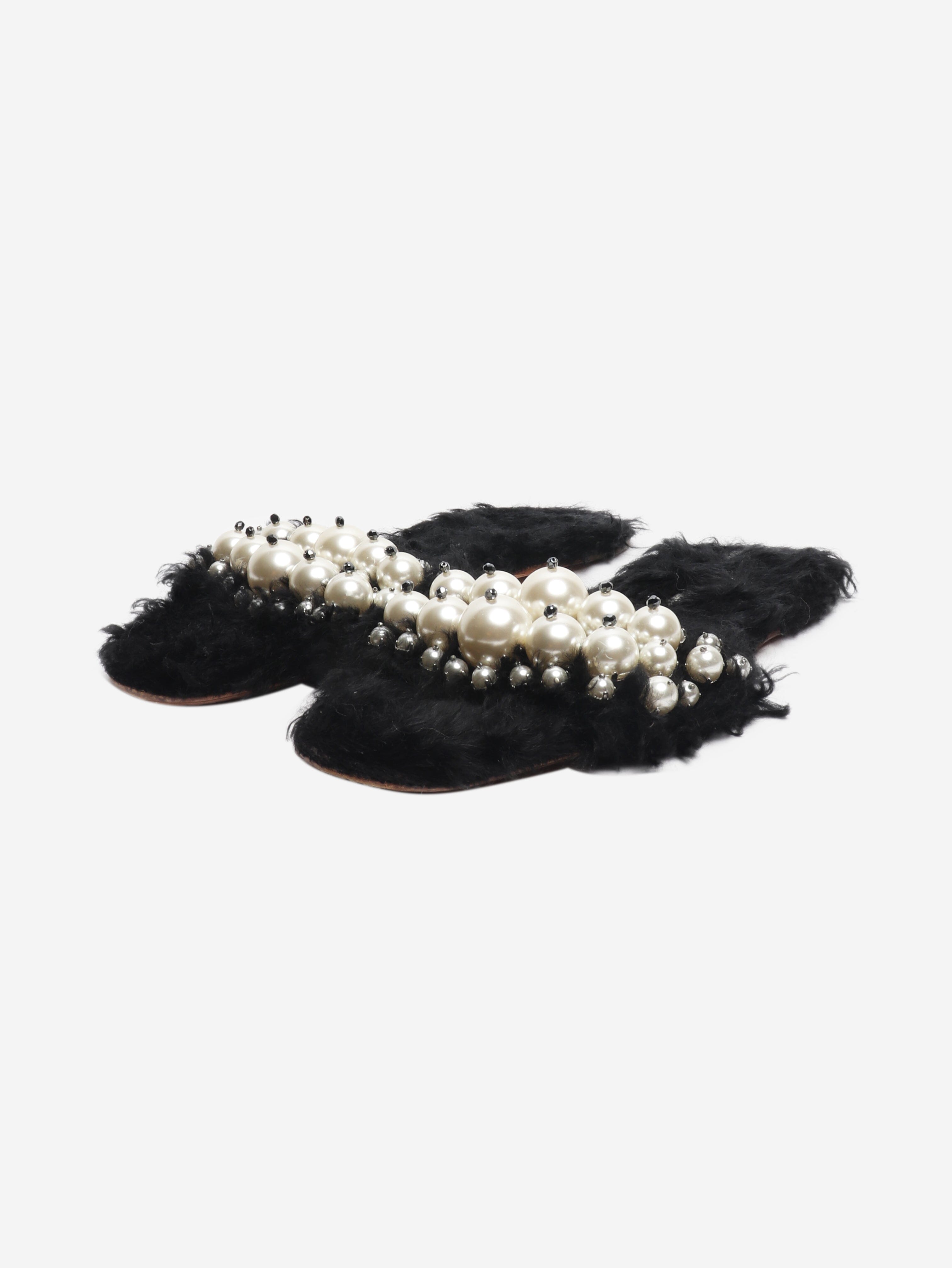 Black faux-fur embellished sandals - size EU 39.5