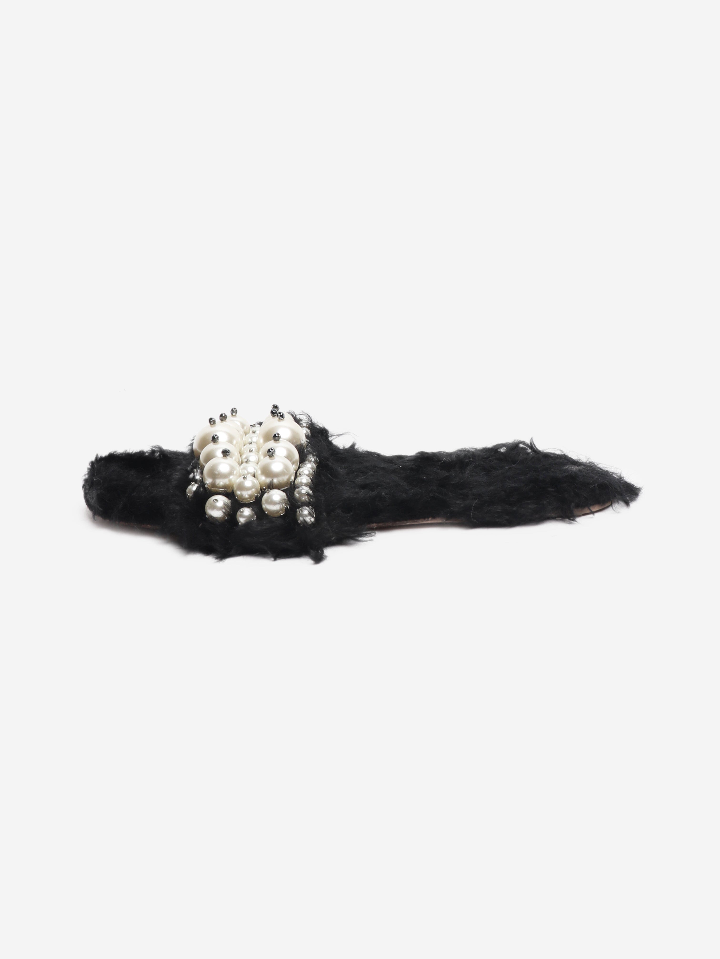 Black faux-fur embellished sandals - size EU 39.5 Flat Sandals Miu Miu 