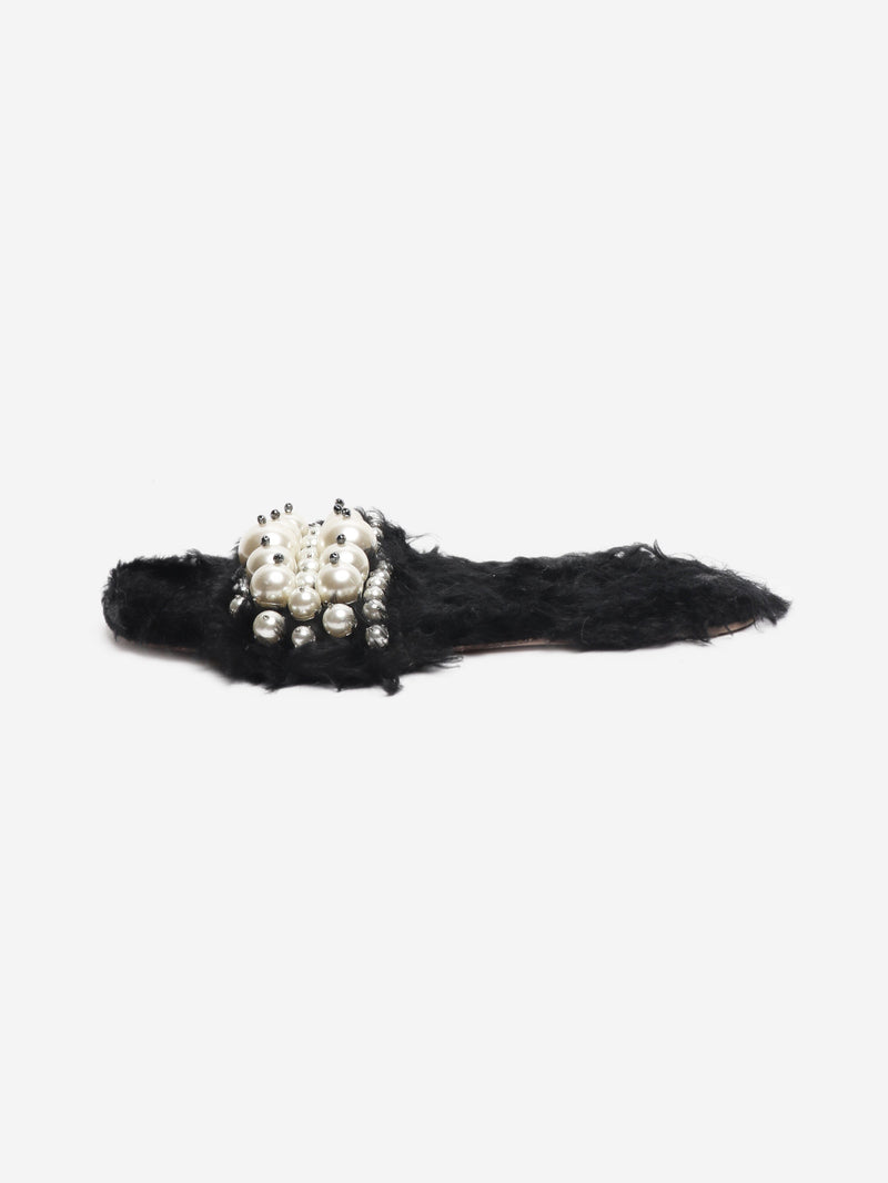 Black faux-fur embellished sandals - size EU 39.5 Flat Sandals Miu Miu 
