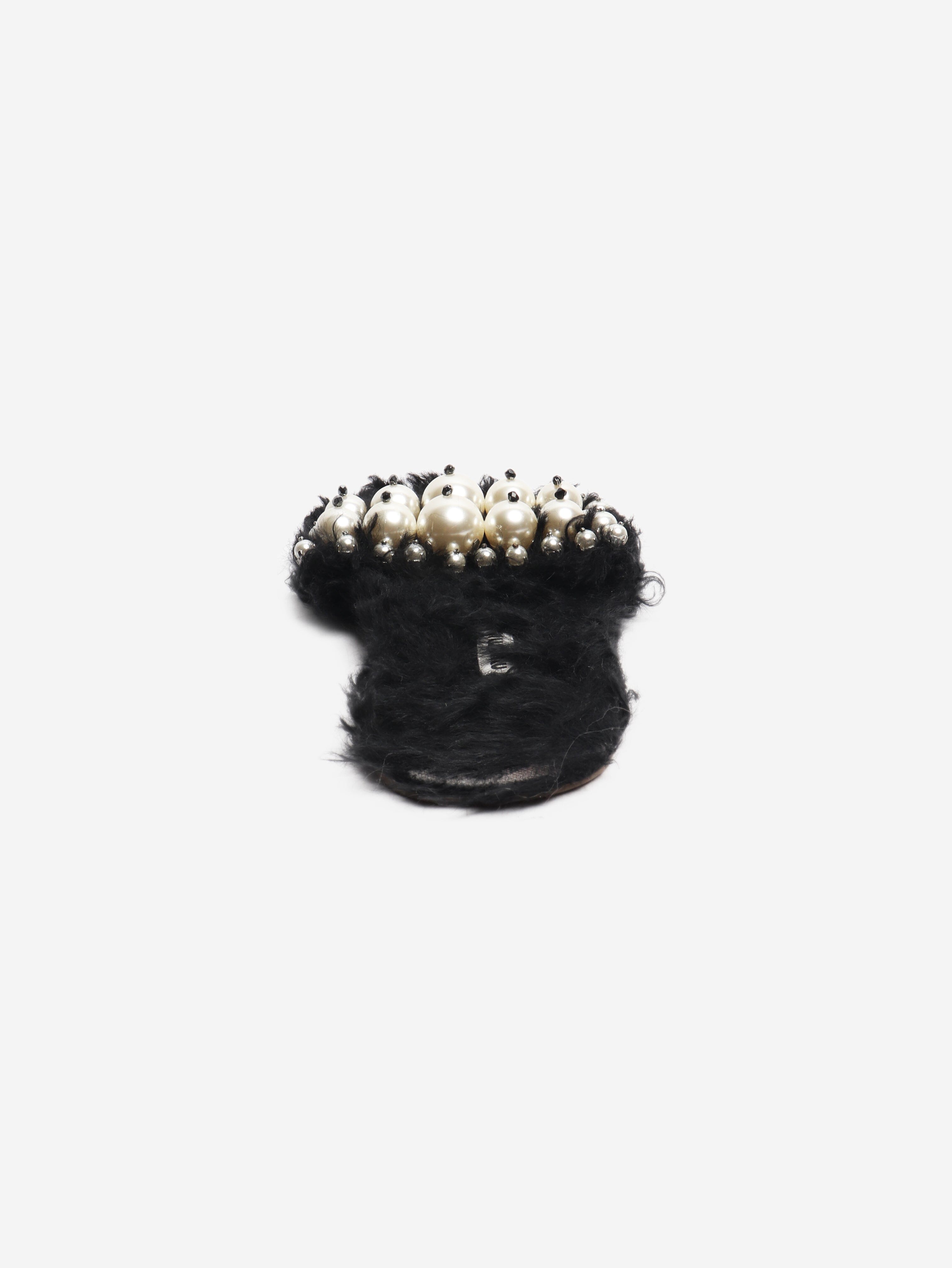 Black faux-fur embellished sandals - size EU 39.5 Flat Sandals Miu Miu 