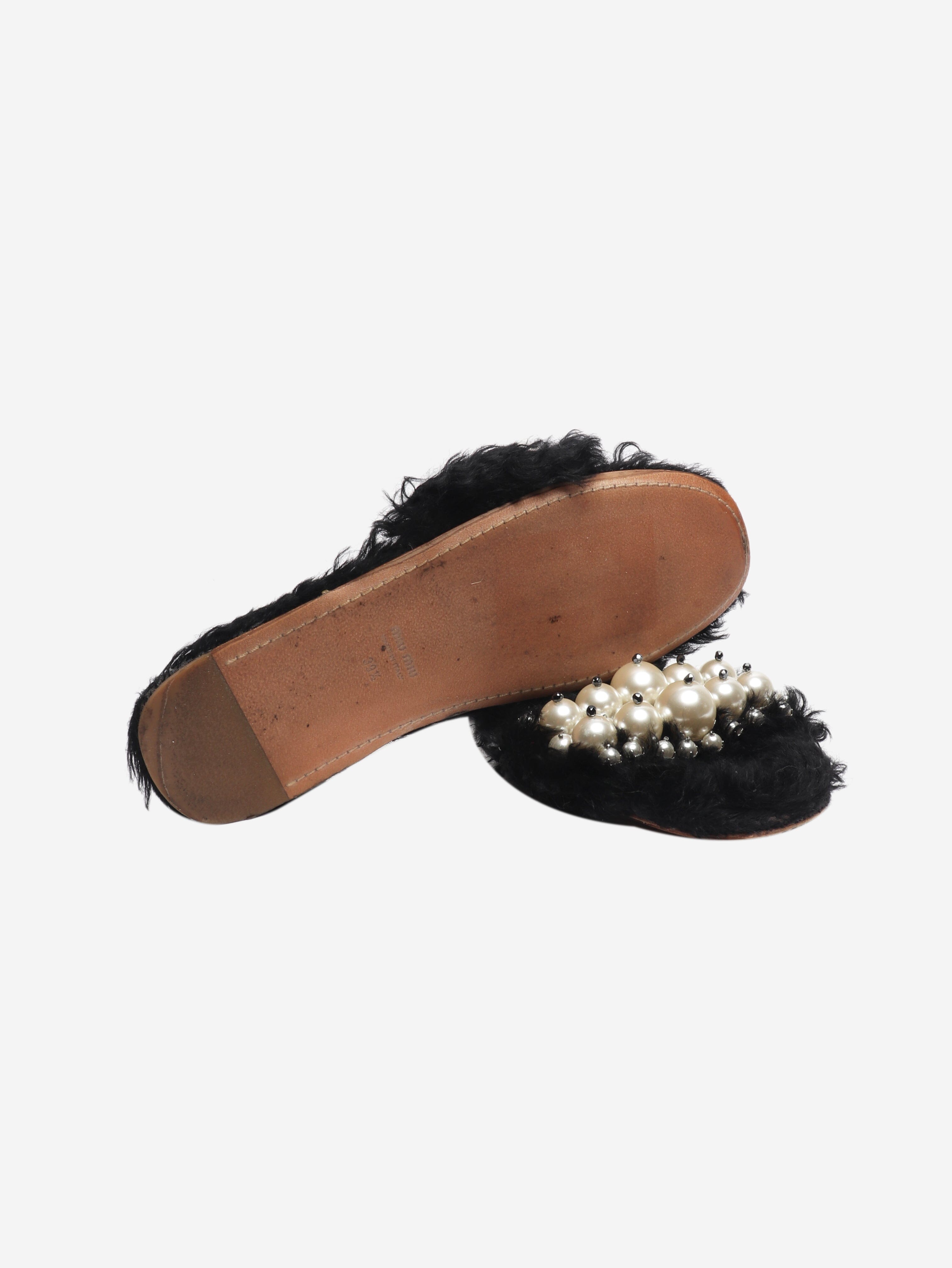 Black faux-fur embellished sandals - size EU 39.5 Flat Sandals Miu Miu 