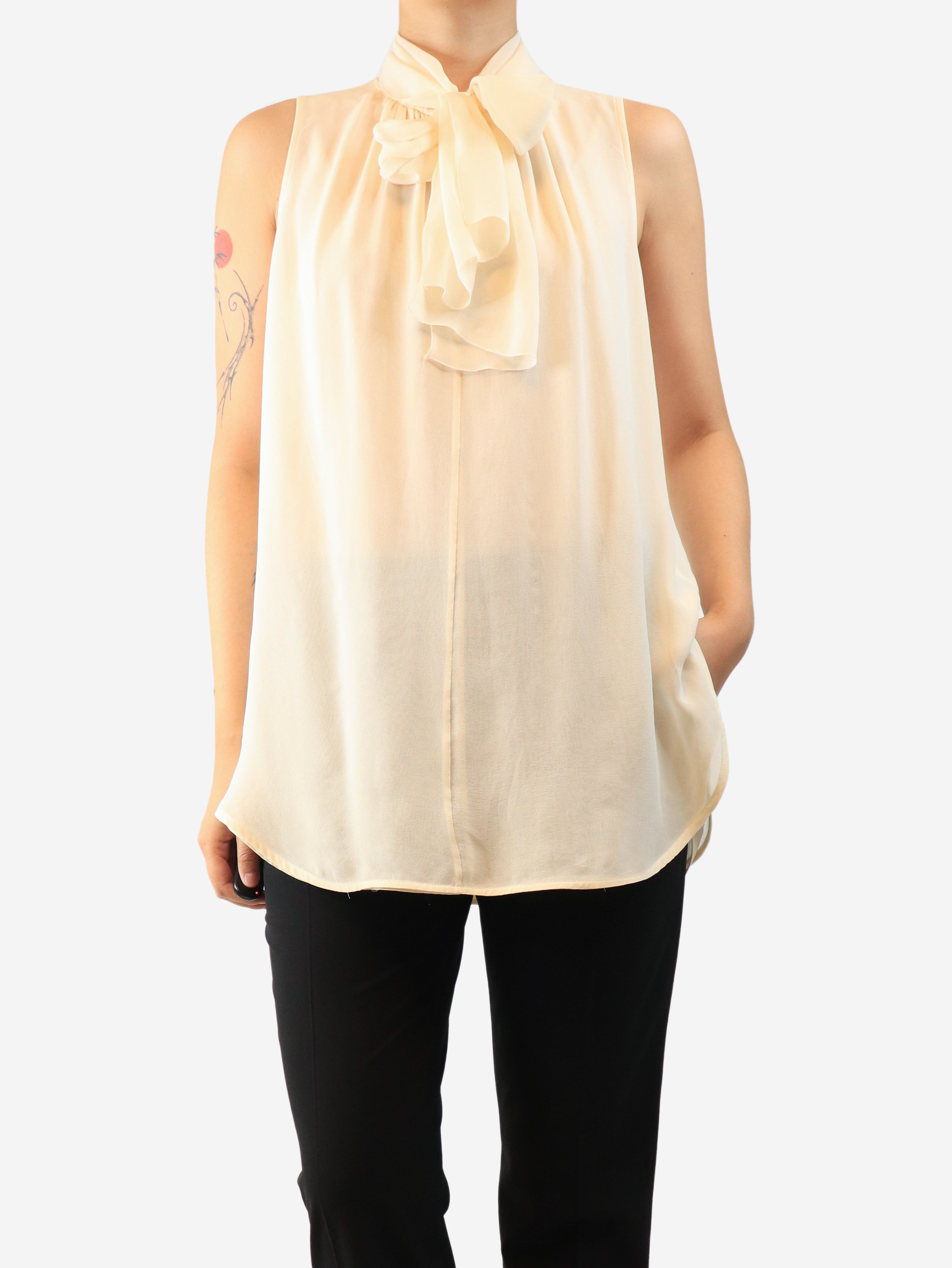 Cream tie-neck silk blouse - size