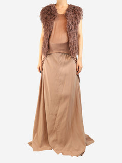 Brown silk long-back top and fringed gilet set - size S Sets Brunello Cucinelli 