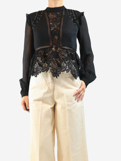 Black long sleeve broderie blouse - size UK 10