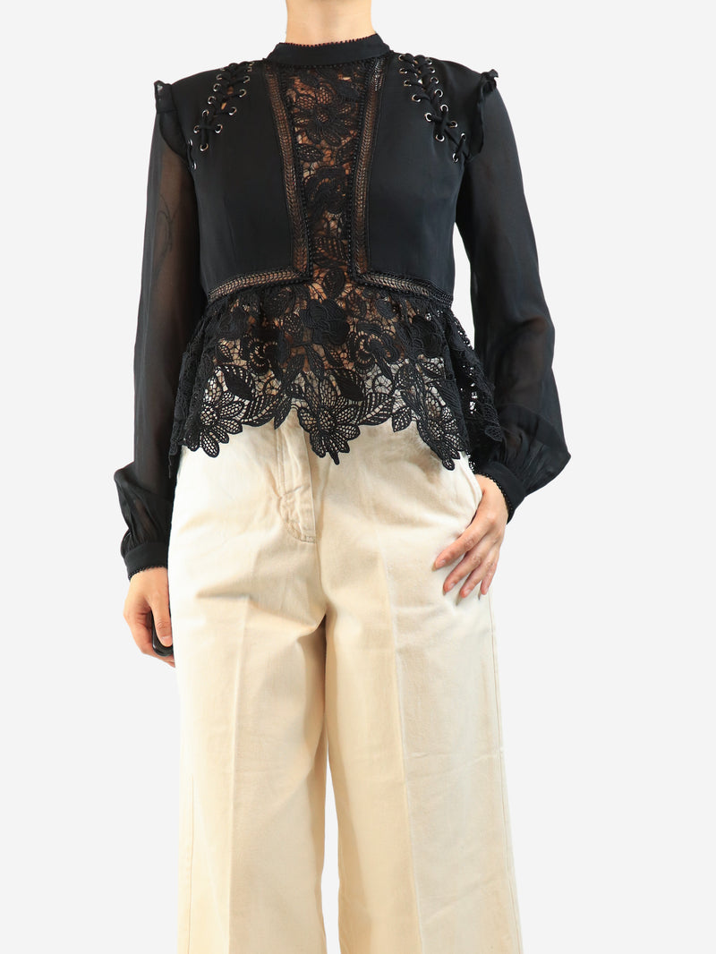 Black long sleeve broderie blouse - size UK 10
