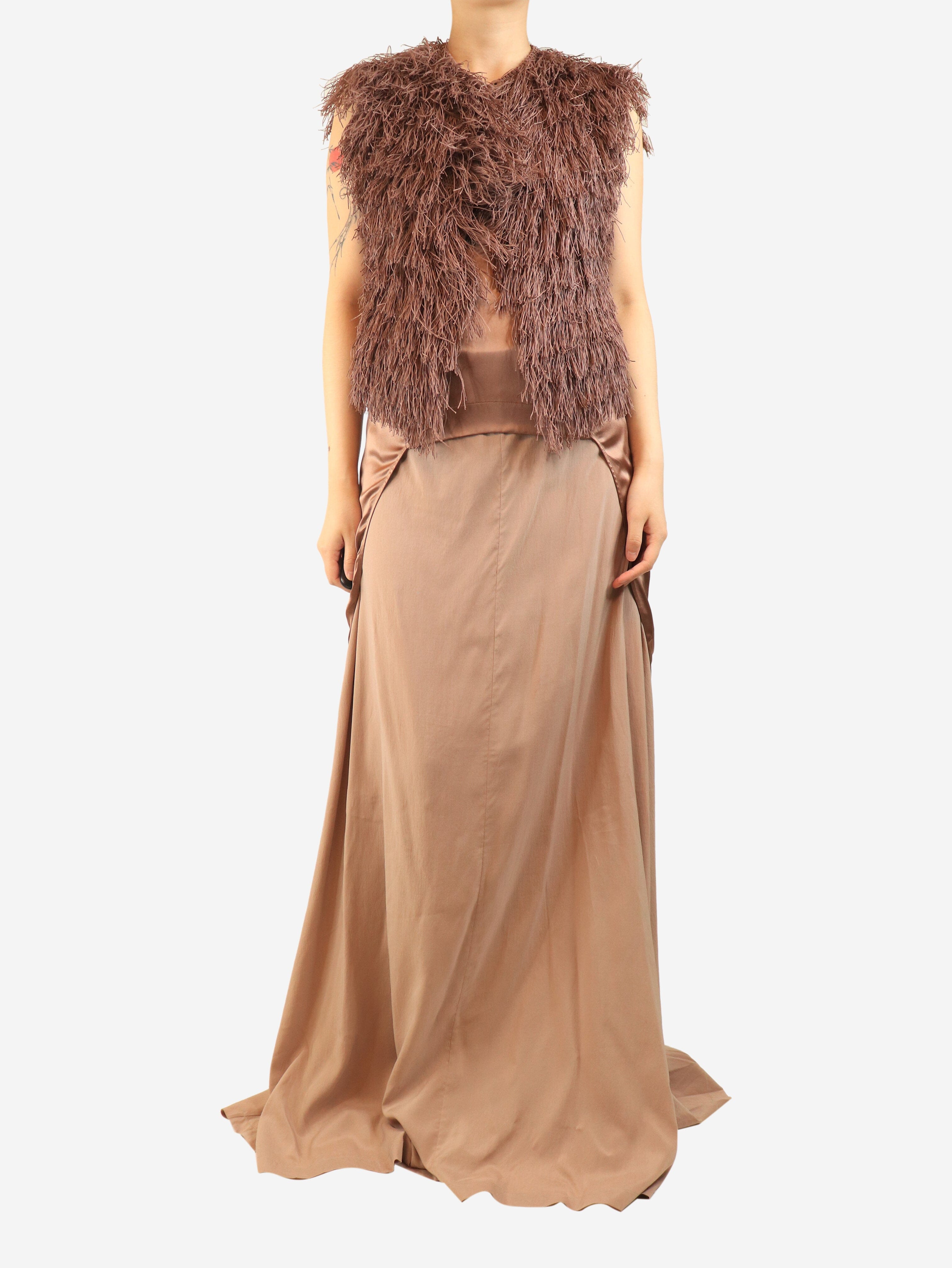Brown silk long-back top and fringed gilet set - size S Sets Brunello Cucinelli 