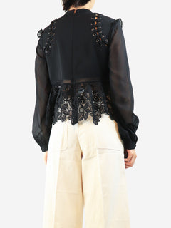 Black long sleeve broderie blouse - size UK 10